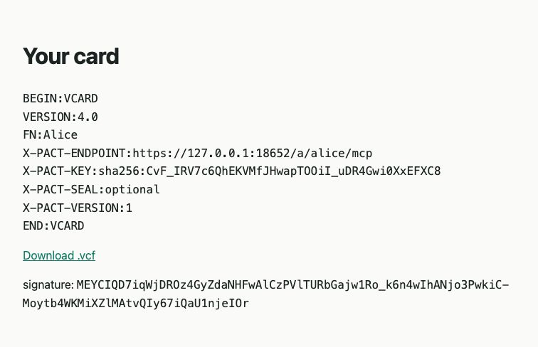Your card: a vCard carrying the HDTP certificate and seal policy